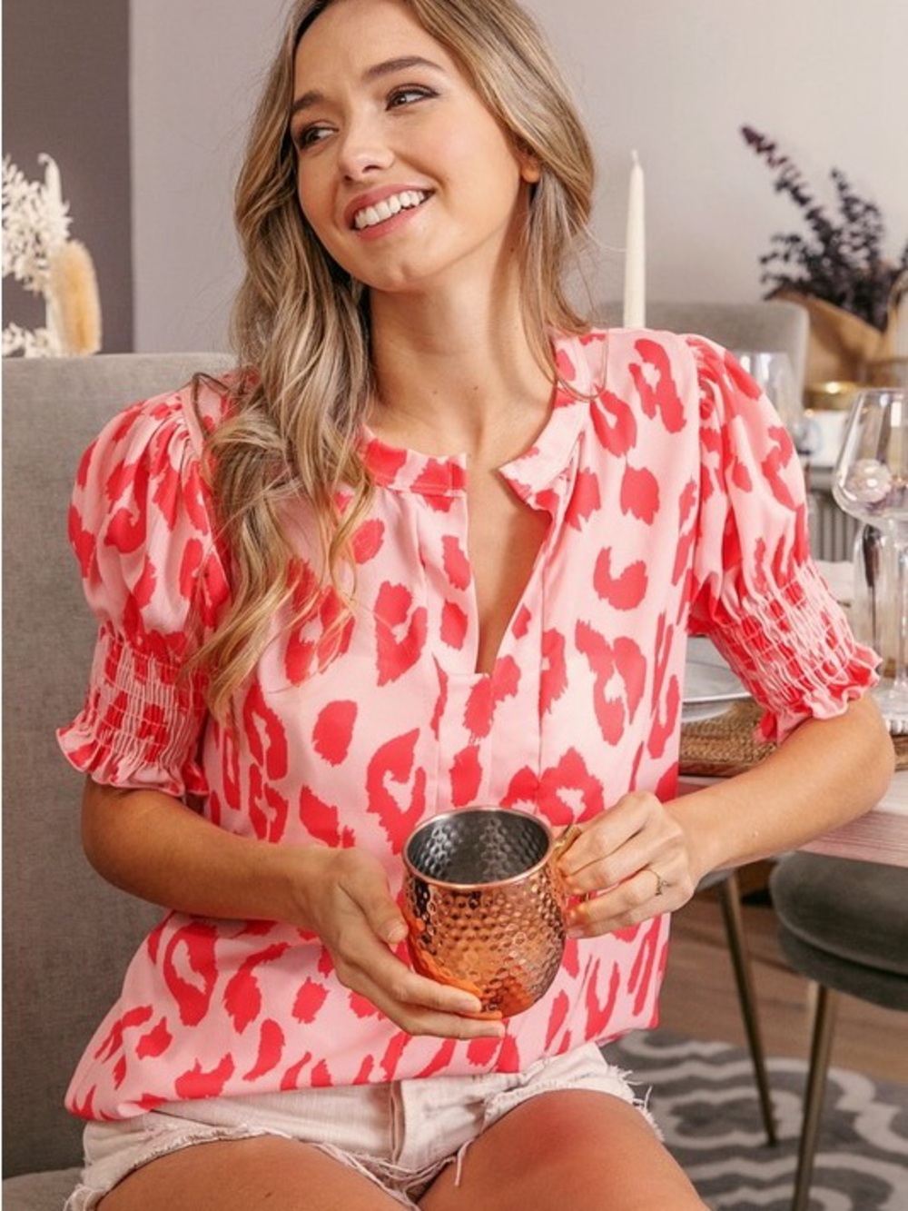 BiBi Peach and Coral Leopard-Print Puff Sleeve Blouse